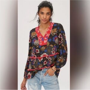 Anthropologie Floral Black and Red Tunic
